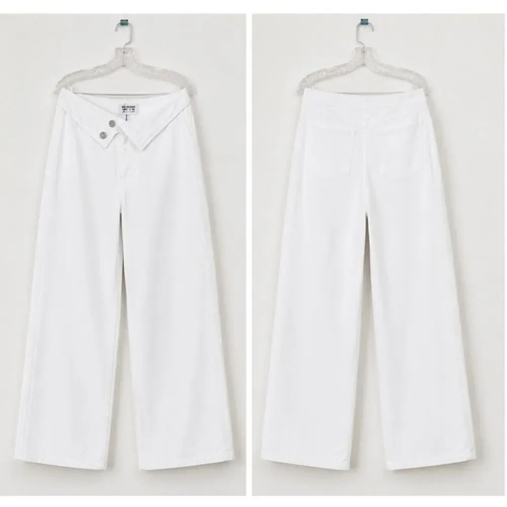 EB Denim White Asymmetric Fold Over Waist Wide Leg Jeans Size 27 Made USA - Picture 8 of 12